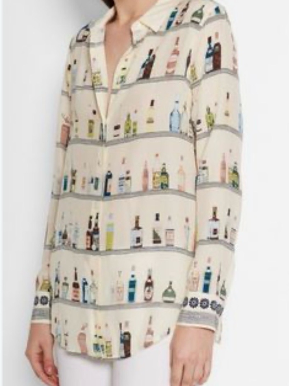 Equipment Happy Hour Bottle Print Silk Blouse (NWT)